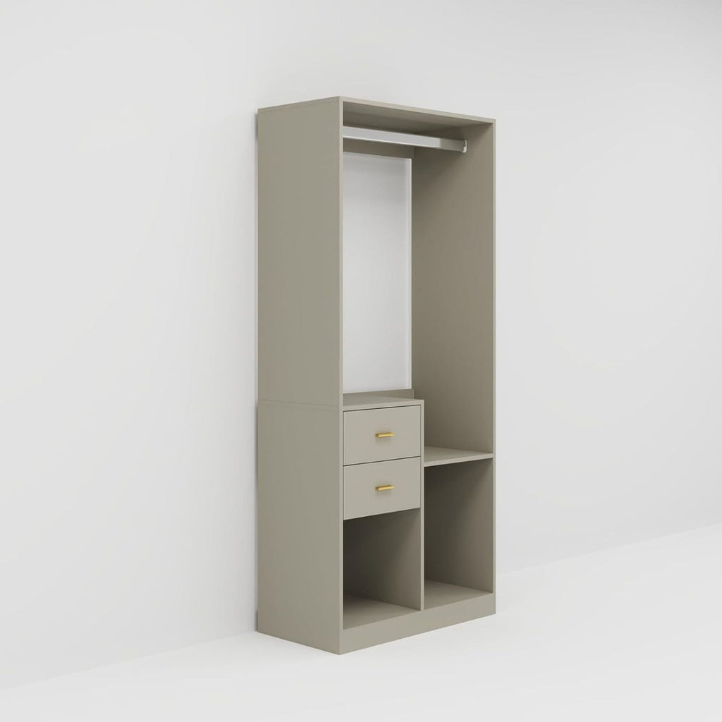Gray closet organizer frame with open hanging section and two drawer compartments