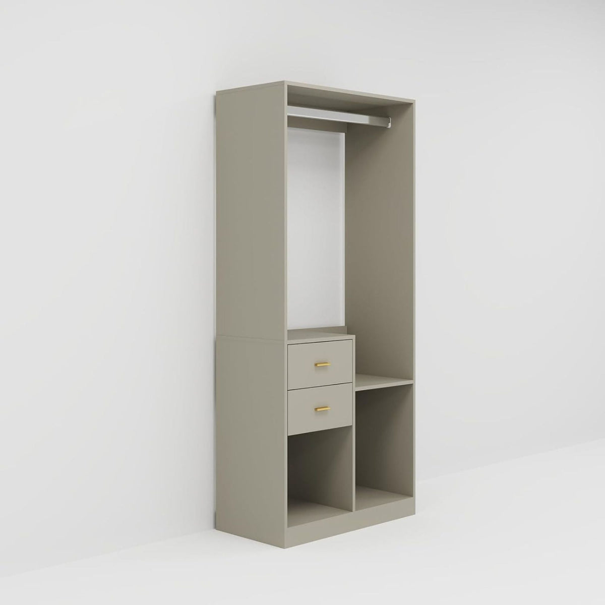 Gray closet organizer frame with open hanging section and two drawer compartments