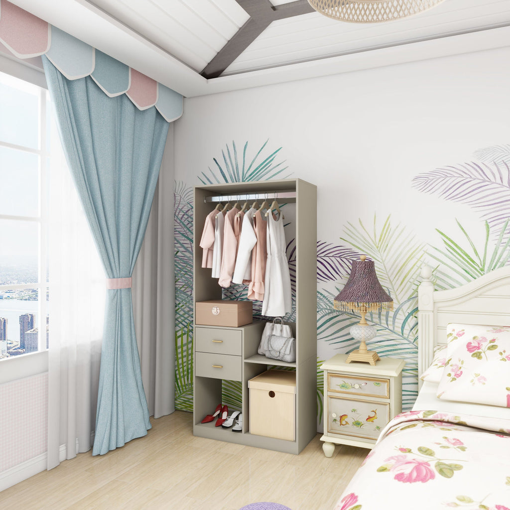 Gray wall wardrobe organizer with hanging rail, drawers, and open shelf compartments