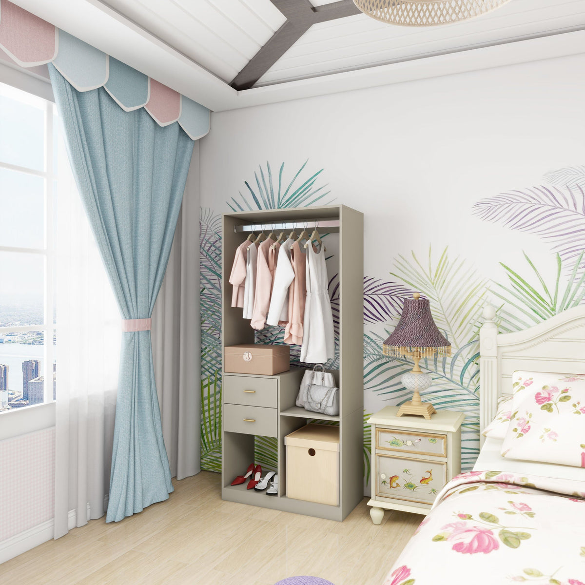 Gray wall wardrobe organizer with hanging rail, drawers, and open shelf compartments