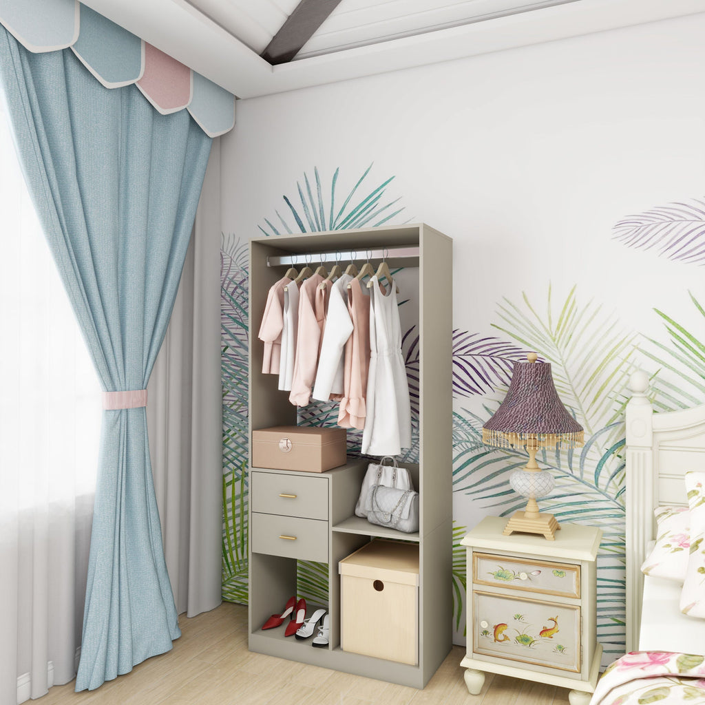 Gray wardrobe closet organizer with hanging clothes rack and stacked drawer storage