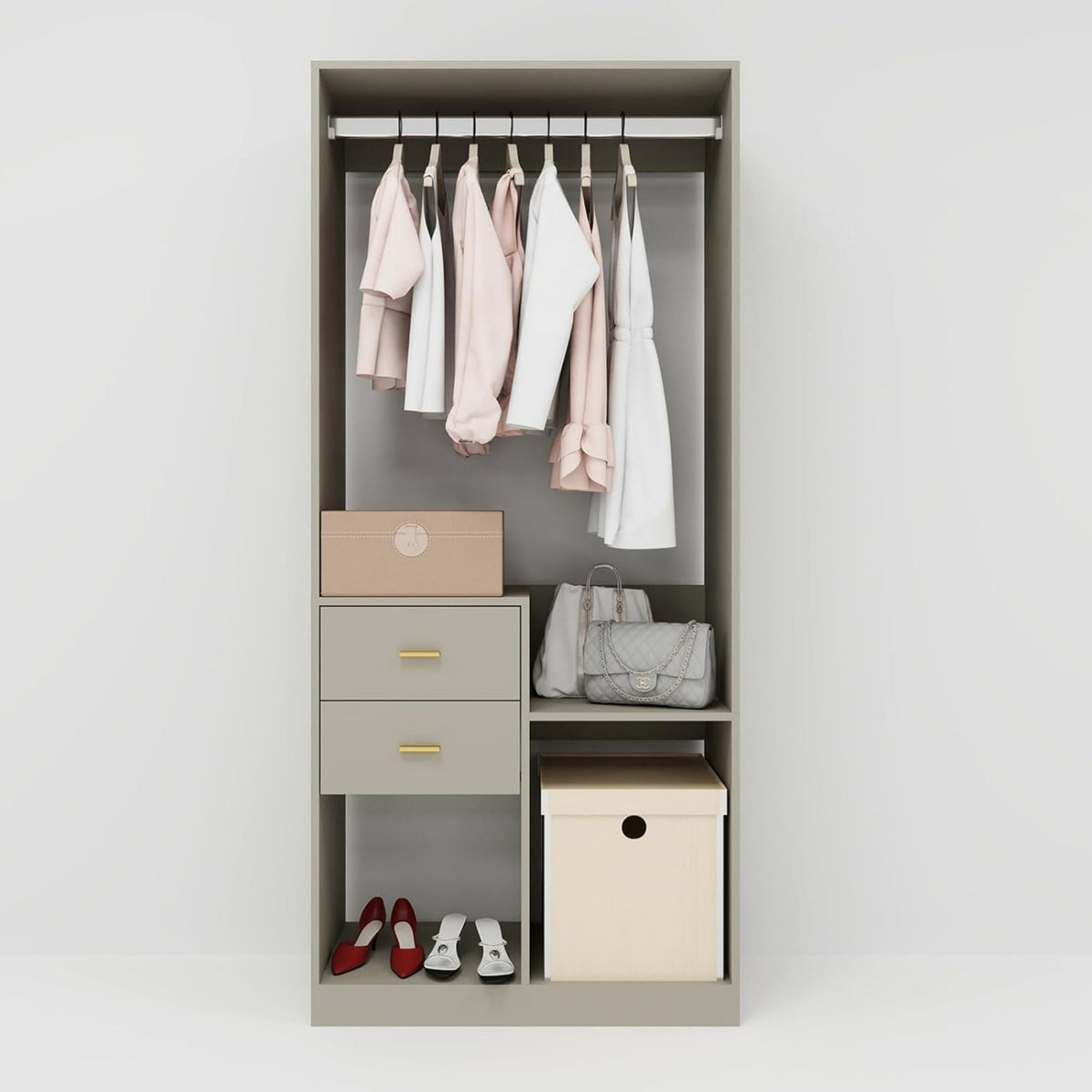 Gray closet organizer with hanging rail, top shelf, three drawers, and storage cubbies