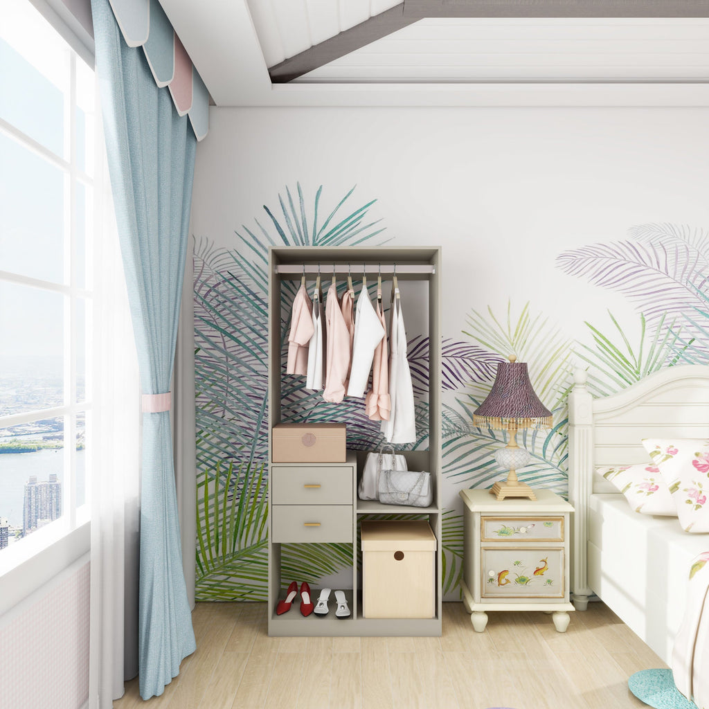 Gray wall closet organizer system with hanging rail and lower cubby storage for shoes