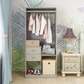 Gray wall-mounted closet organizer with hanging rod, drawers, and shelves