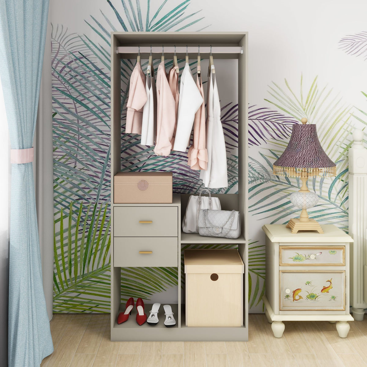 Gray wall-mounted closet organizer with hanging rod, drawers, and shelves