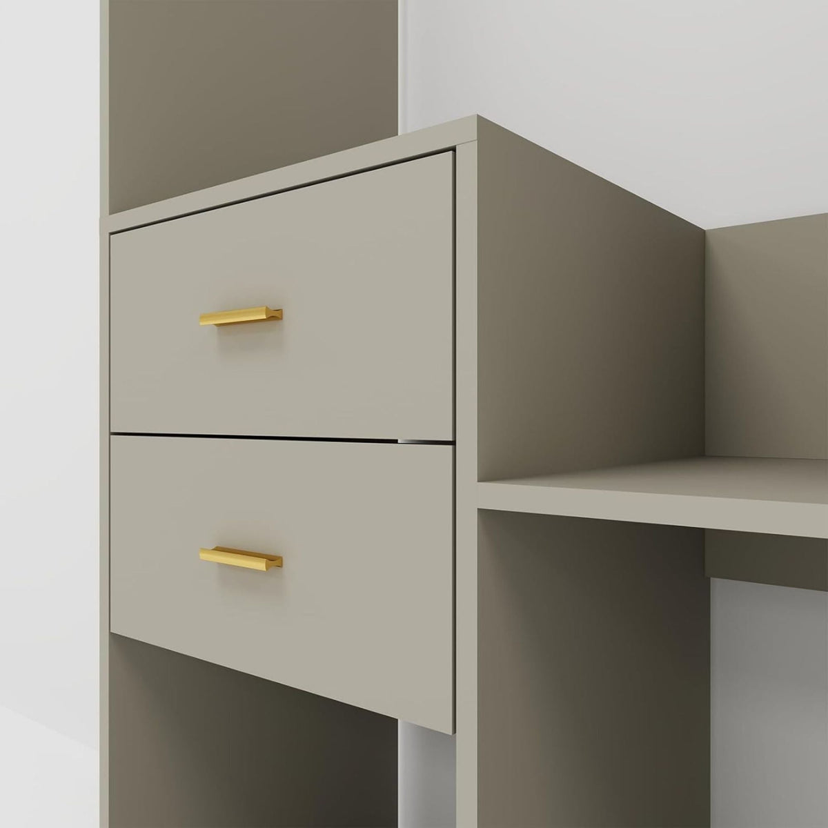 Gray organizer unit with two front drawers and side open shelf spaces