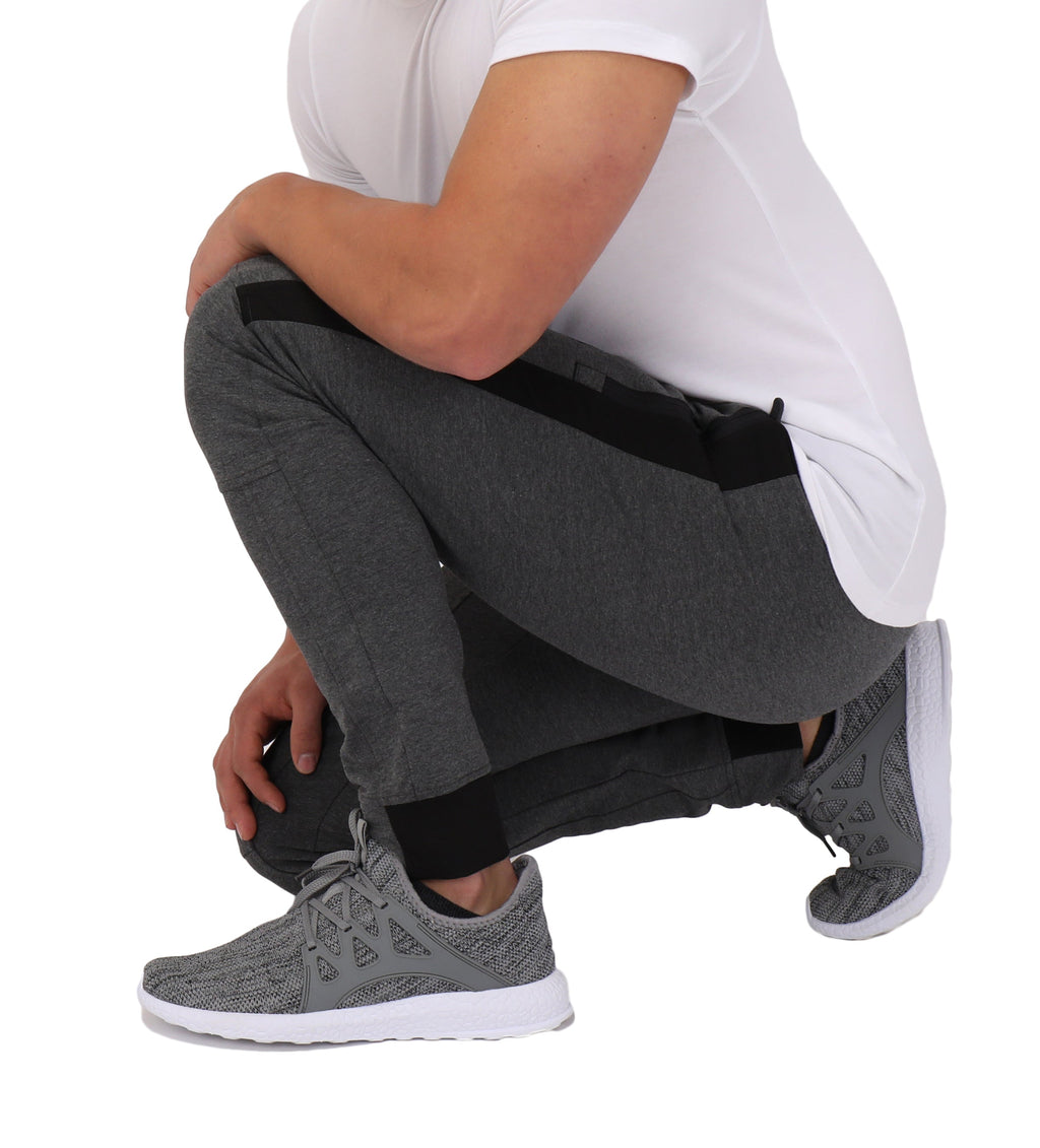 Dark heather grey jogger with elastic waistband and side stripe detailing