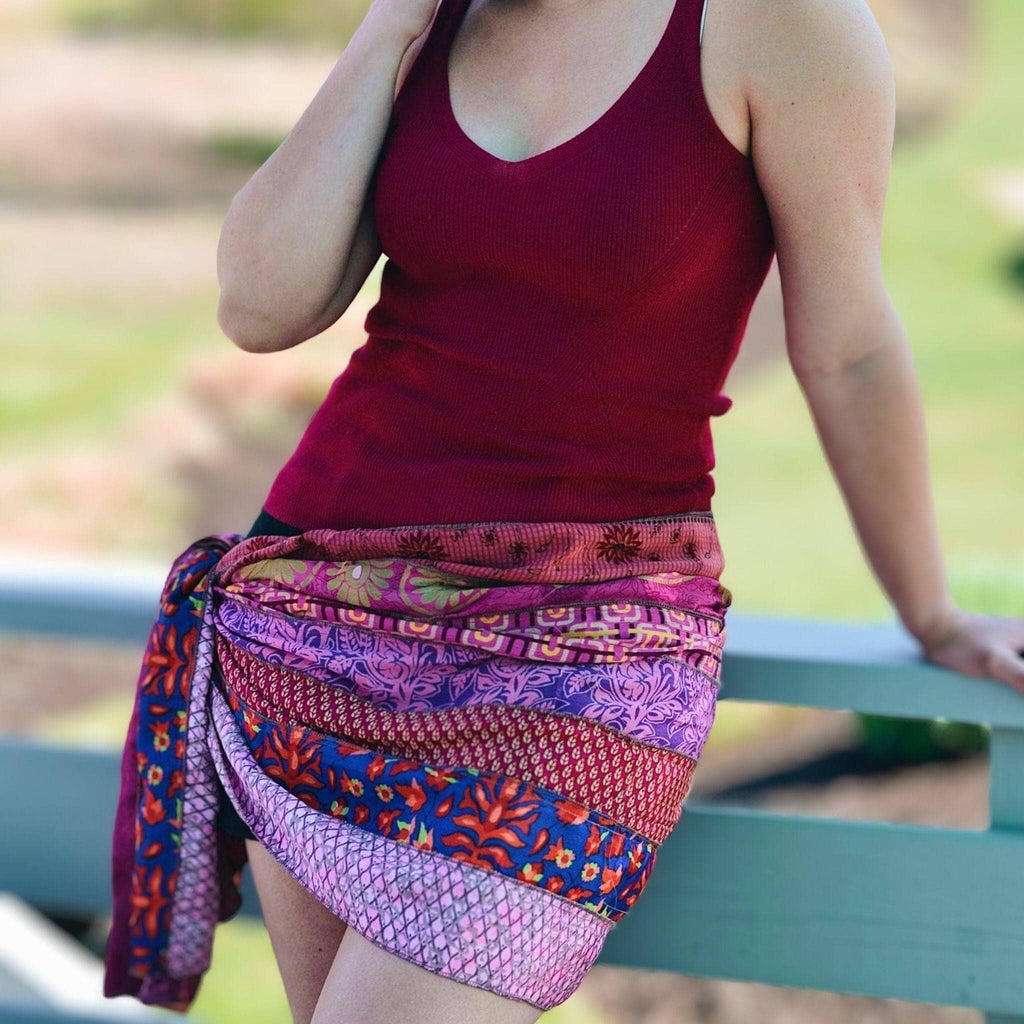 Patchwork scarf in burgundy and purple with bright floral and geometric print sections