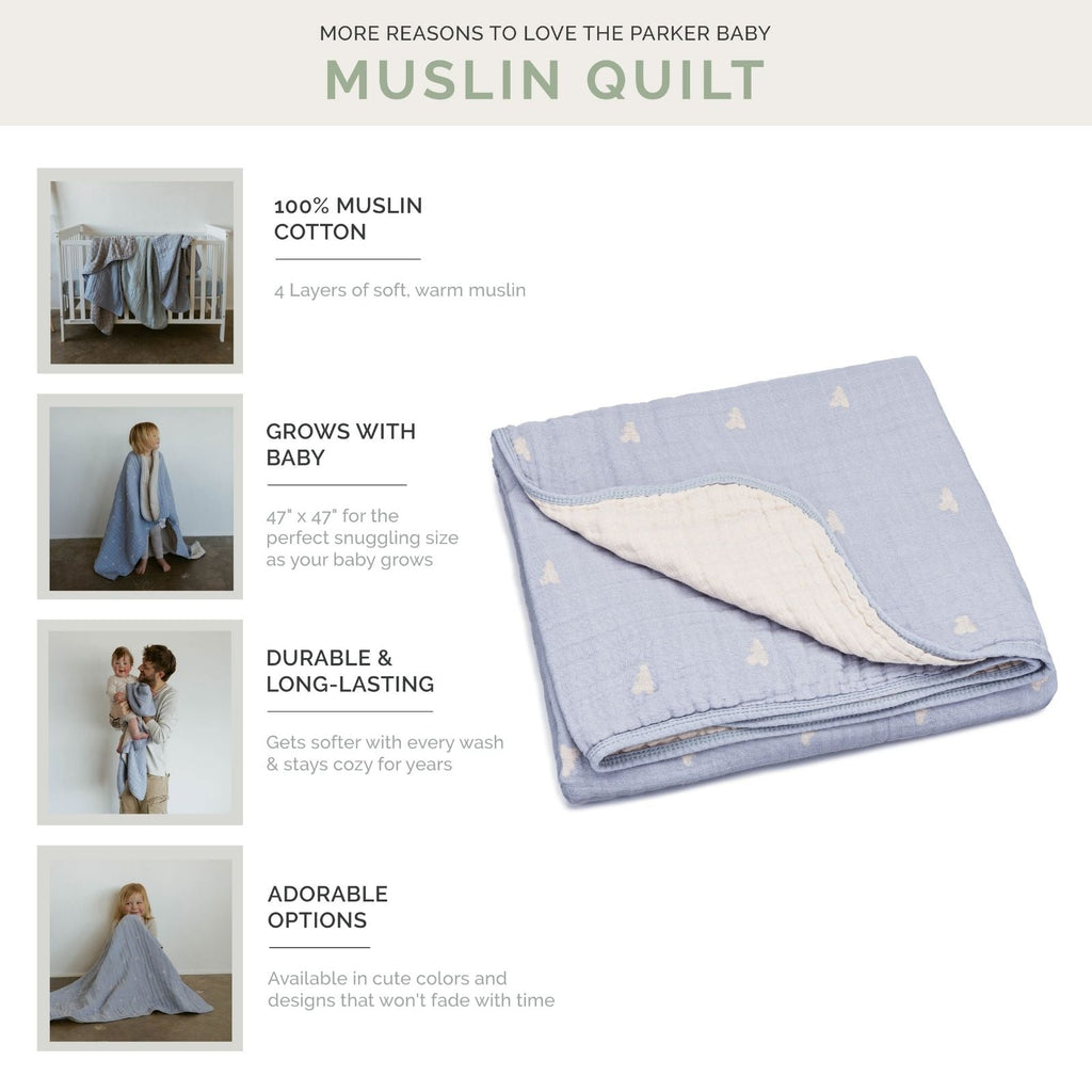 Light blue muslin quilt with small cloud motifs, folded
