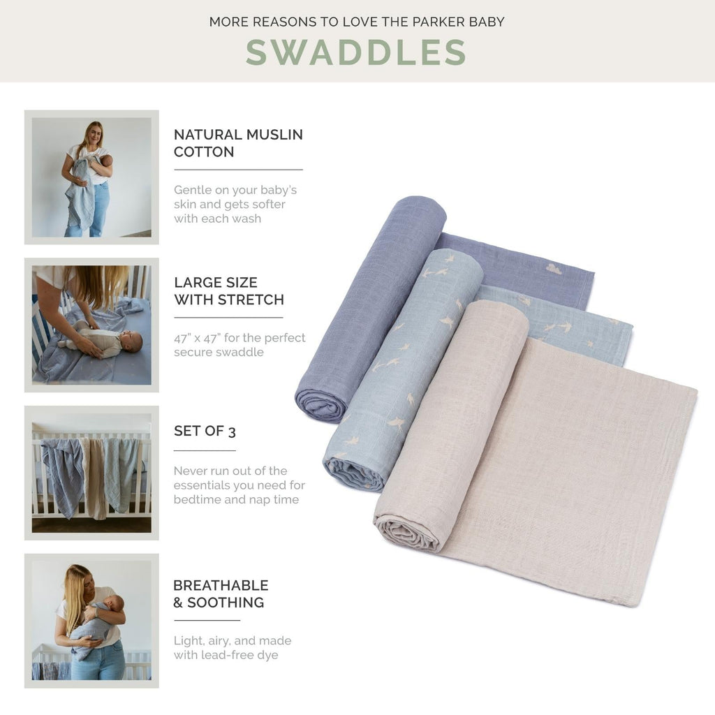 Stormy swaddle set, three folded muslin cotton blankets in blue stripes, tan checks, and light gray