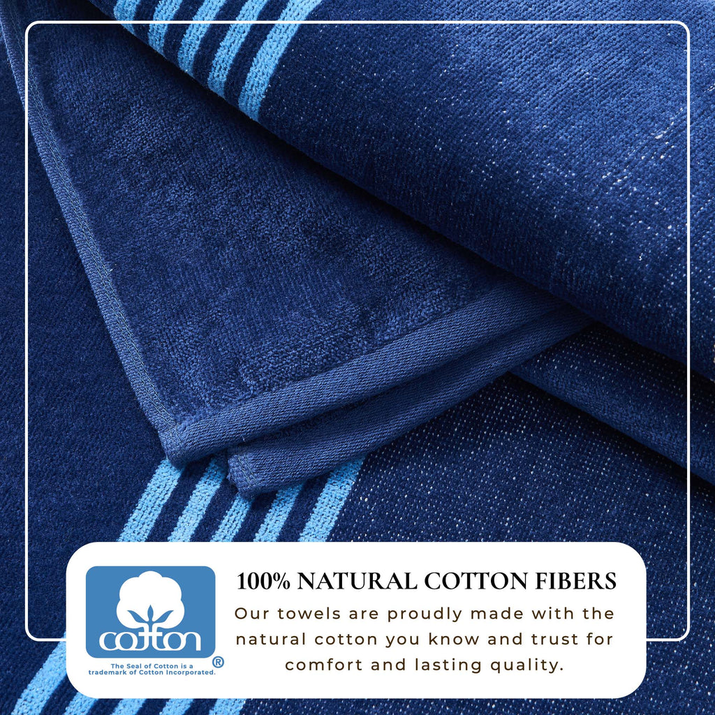Cotton velour beach towel close-up with textured blue fabric and light blue stripes
