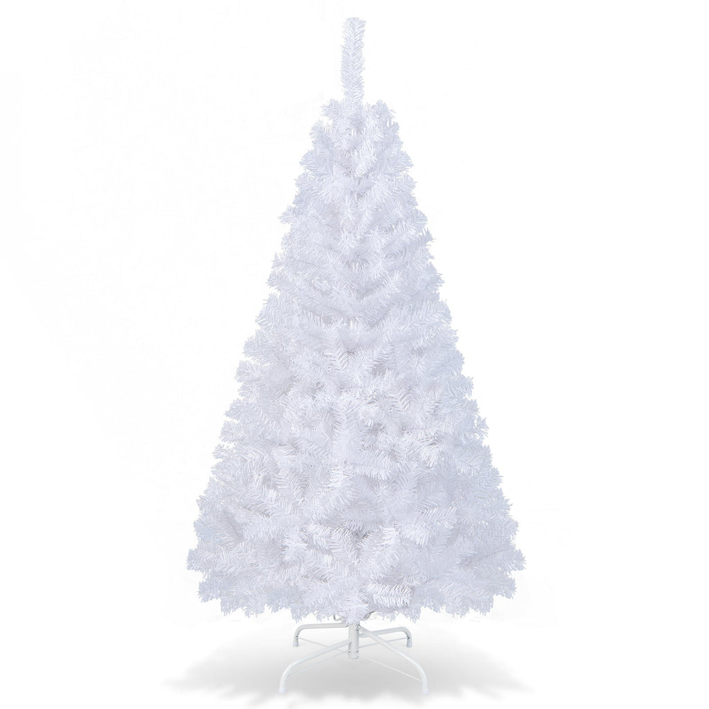 White artificial PVC Christmas tree with stand, isolated front view