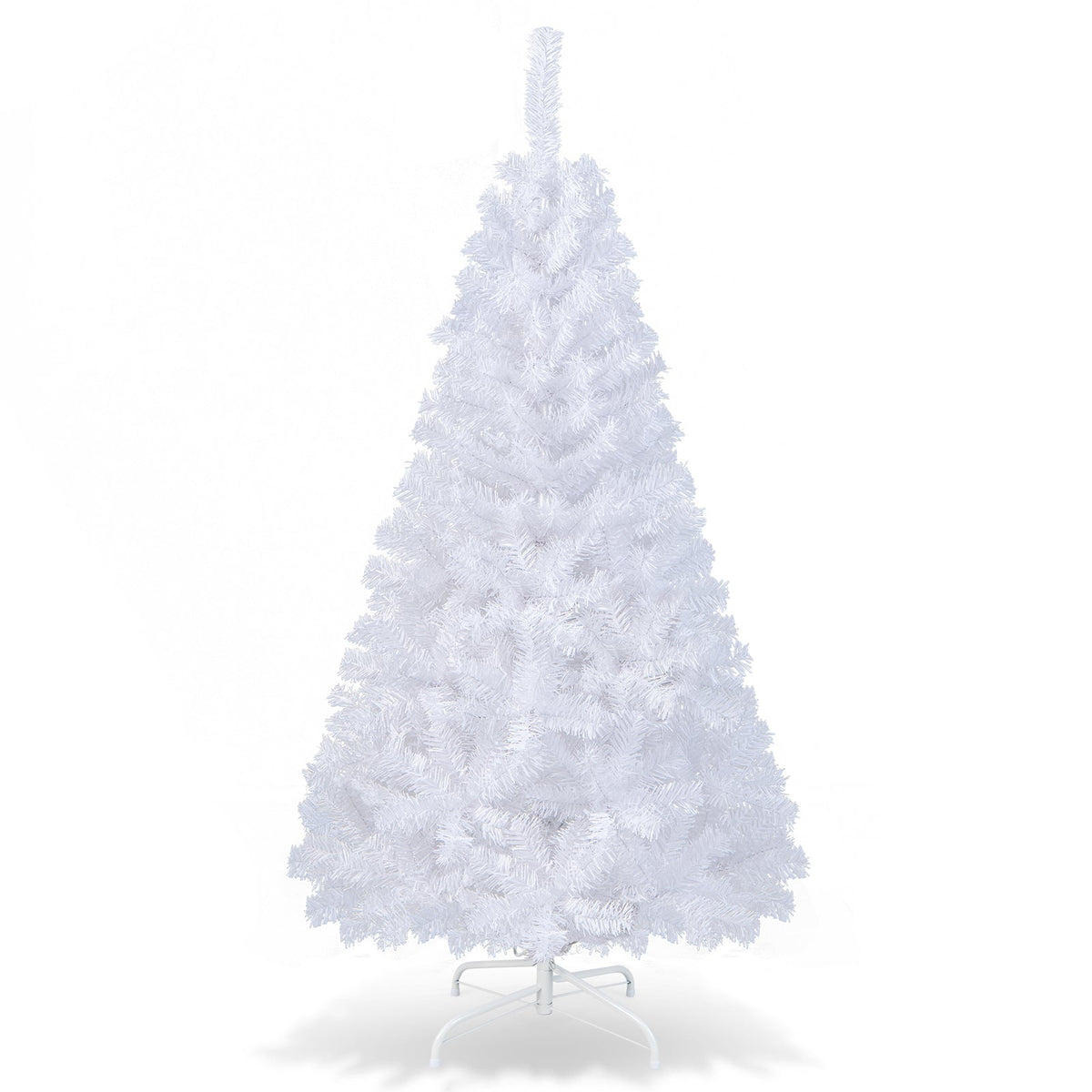 White artificial PVC Christmas tree with stand, isolated front view