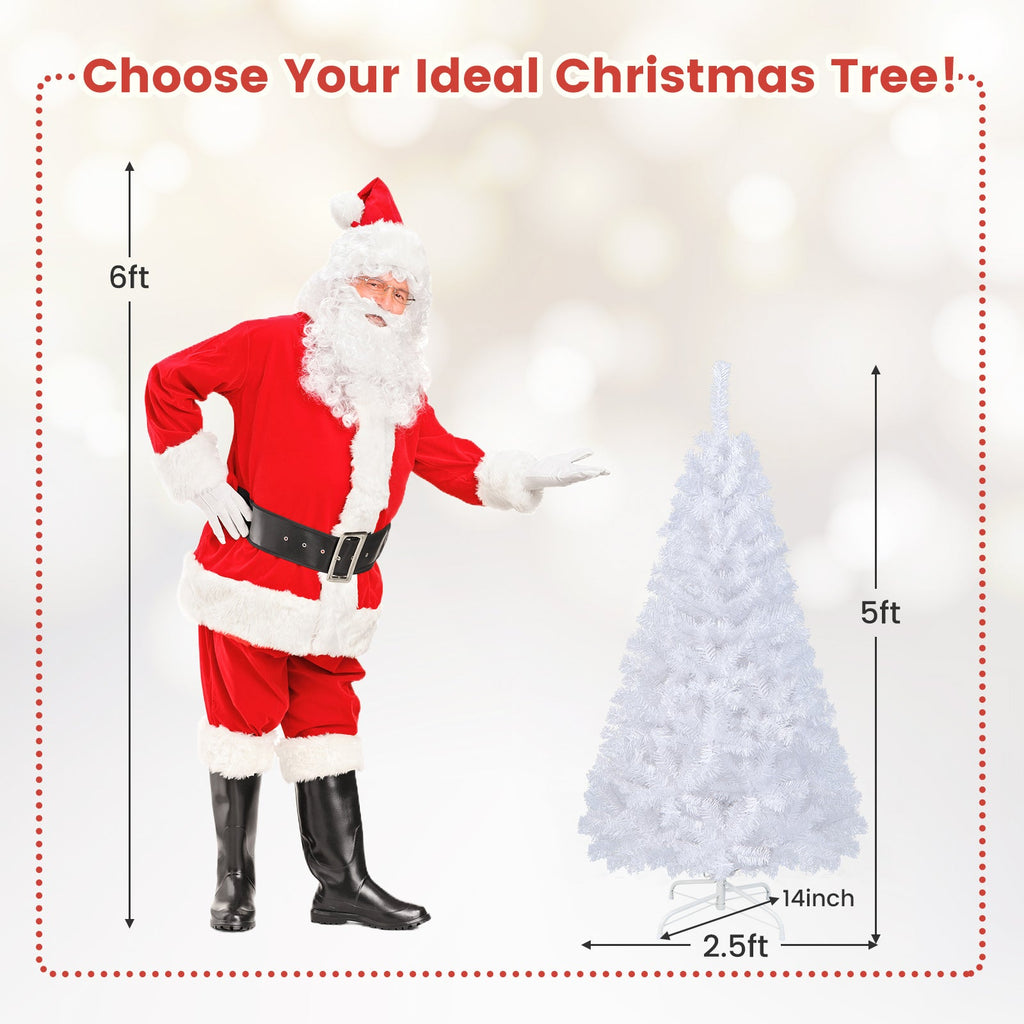 White artificial PVC Christmas tree with stand, shown in size comparison graphic