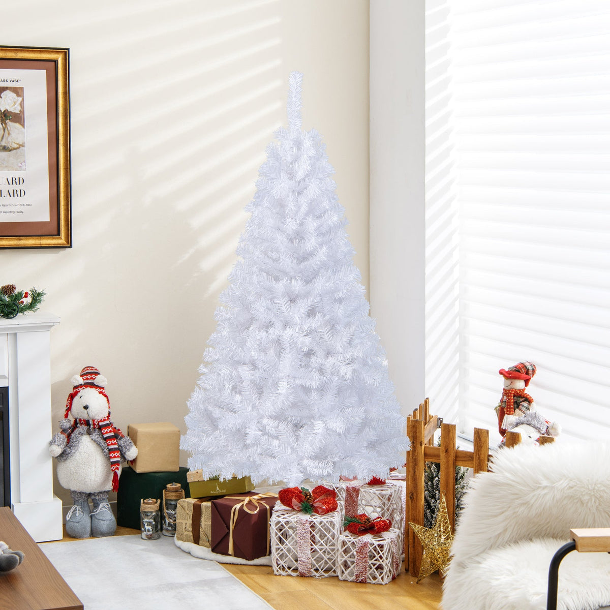 White artificial Christmas tree (8 ft) standing upright with a full tiered silhouette