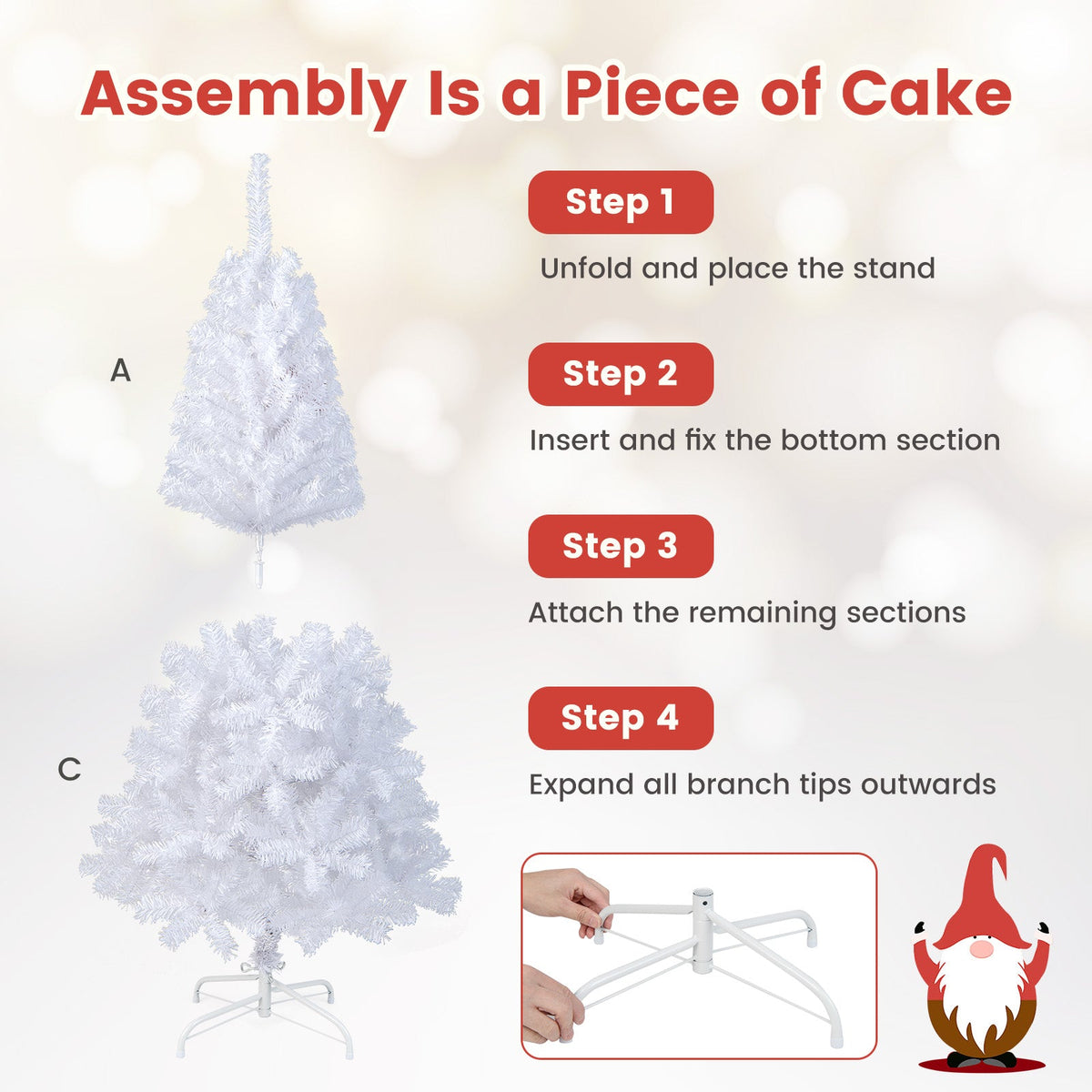 Artificial PVC Christmas tree with stand, white flocked branches and upright silhouette