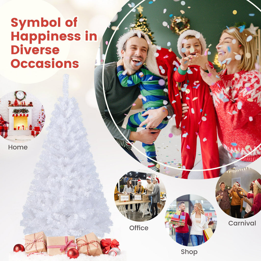 Snowy white artificial Christmas tree with blue bauble ornaments and tall pointed shape