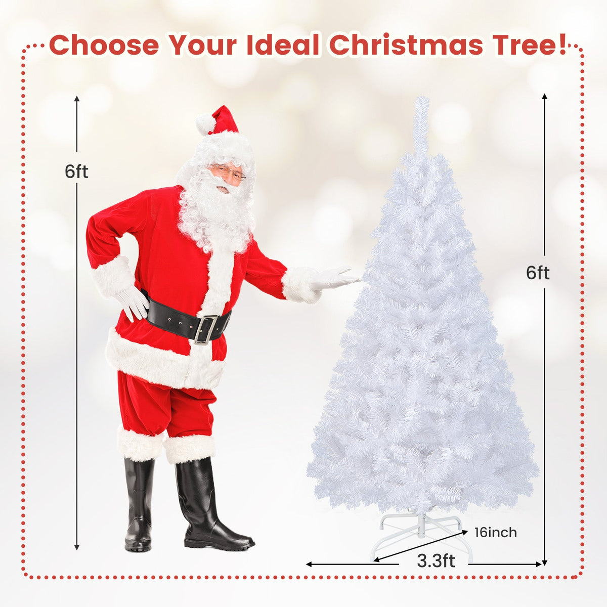White artificial Christmas tree with stand shown with height guide