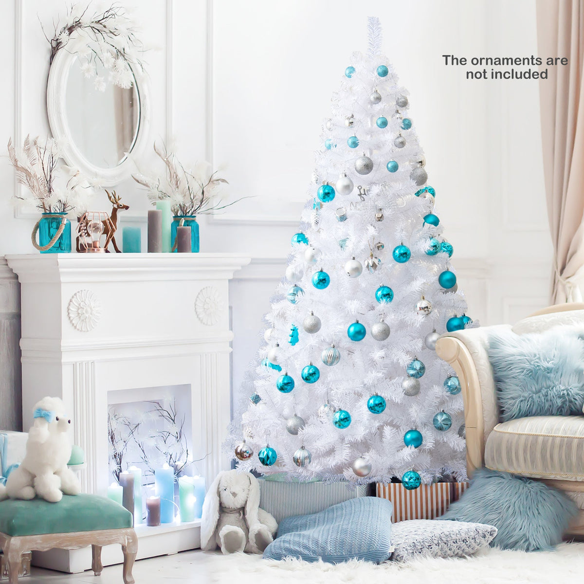 White artificial Christmas tree (8 ft) with blue ornament baubles and stand