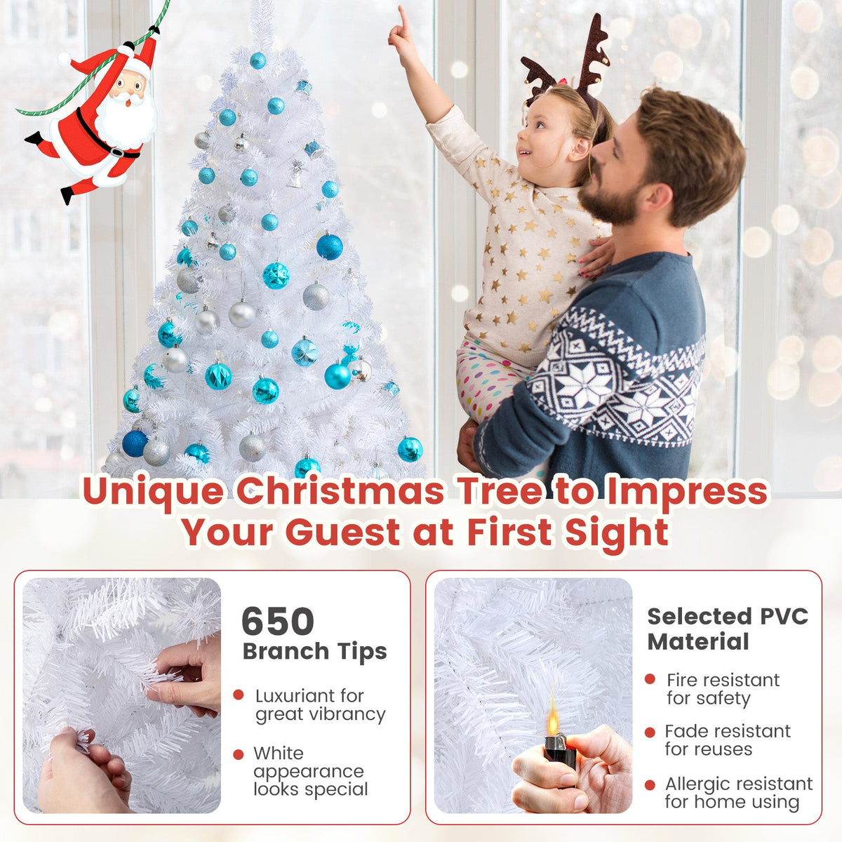 White artificial Christmas tree with blue ornament baubles, side view