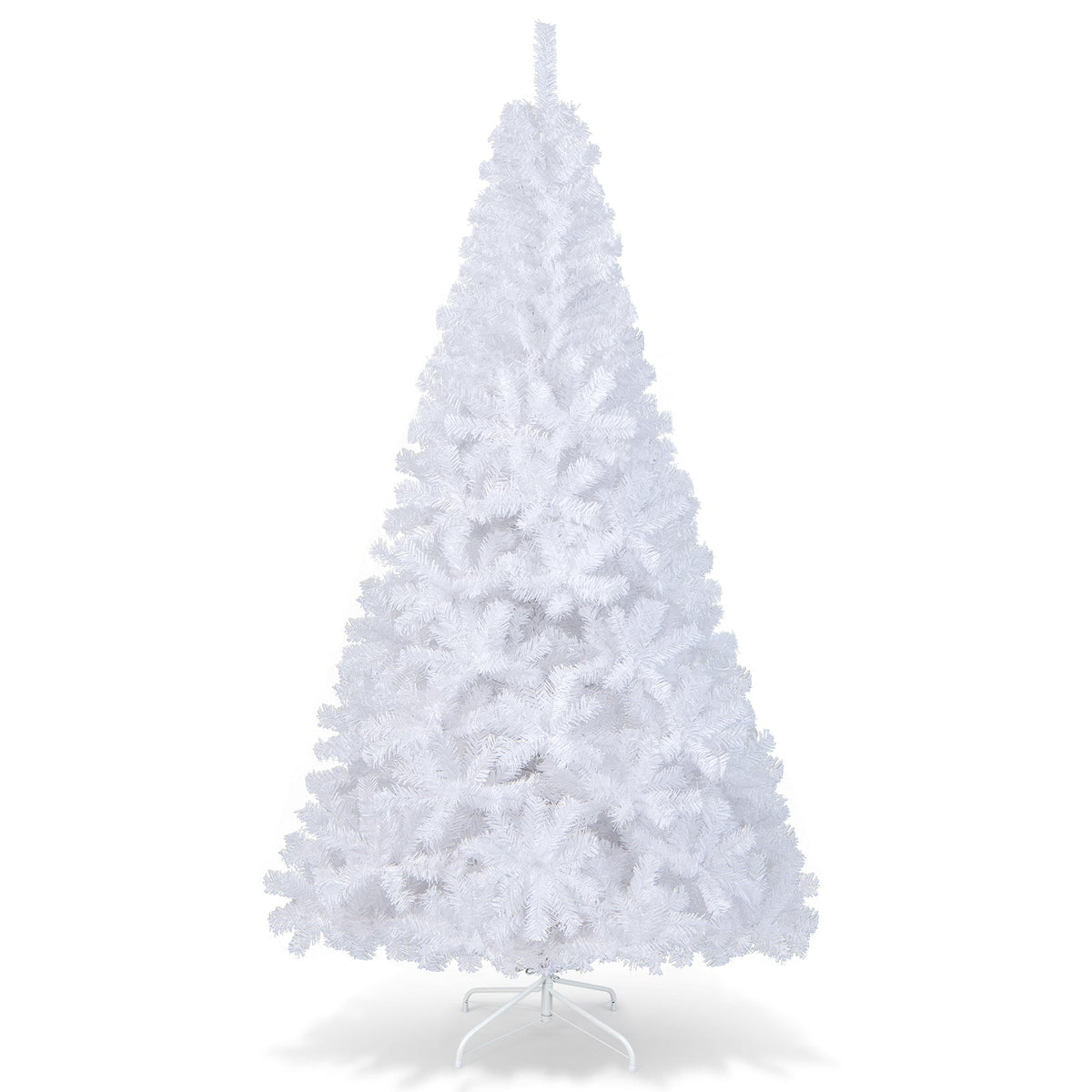 White artificial PVC Christmas tree with stand, isolated side view