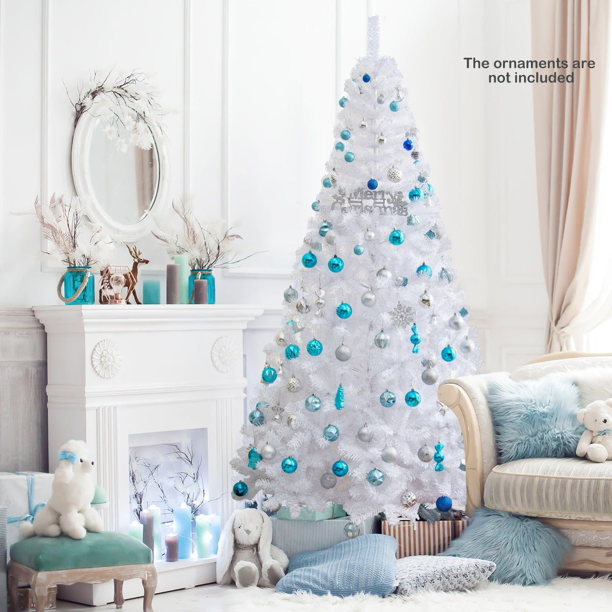 White artificial Christmas tree with blue ornament balls and snowy branch texture