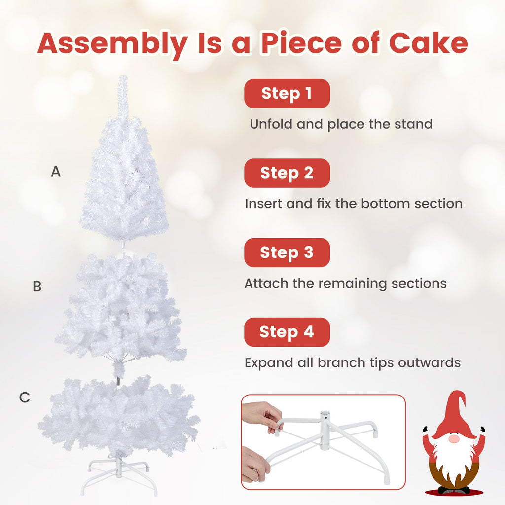 Assembly guide for white artificial Christmas tree stand, tree sections shown