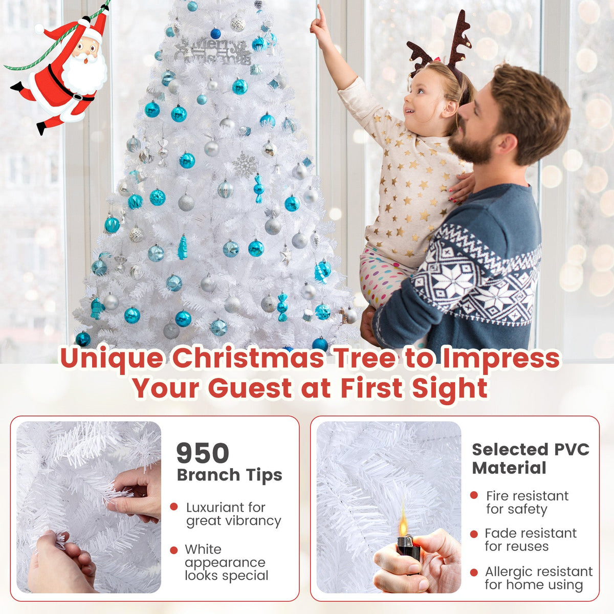 White artificial Christmas tree with blue ornament baubles