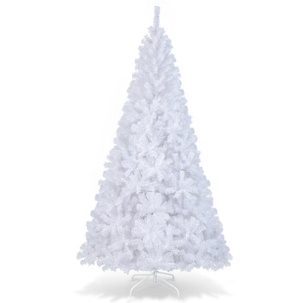 White artificial PVC Christmas tree with stand, isolated front view
