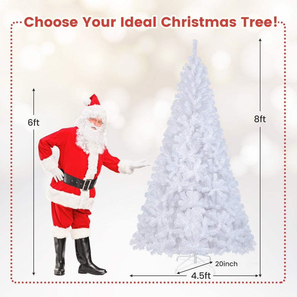 White artificial PVC Christmas tree size chart showing 8 ft height and 4.5 ft width