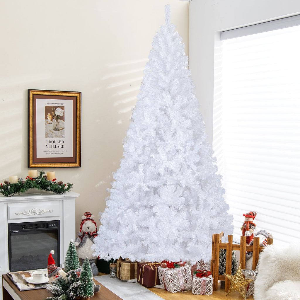 White artificial Christmas tree (8 ft) with dense fluffy tips and full conical shape