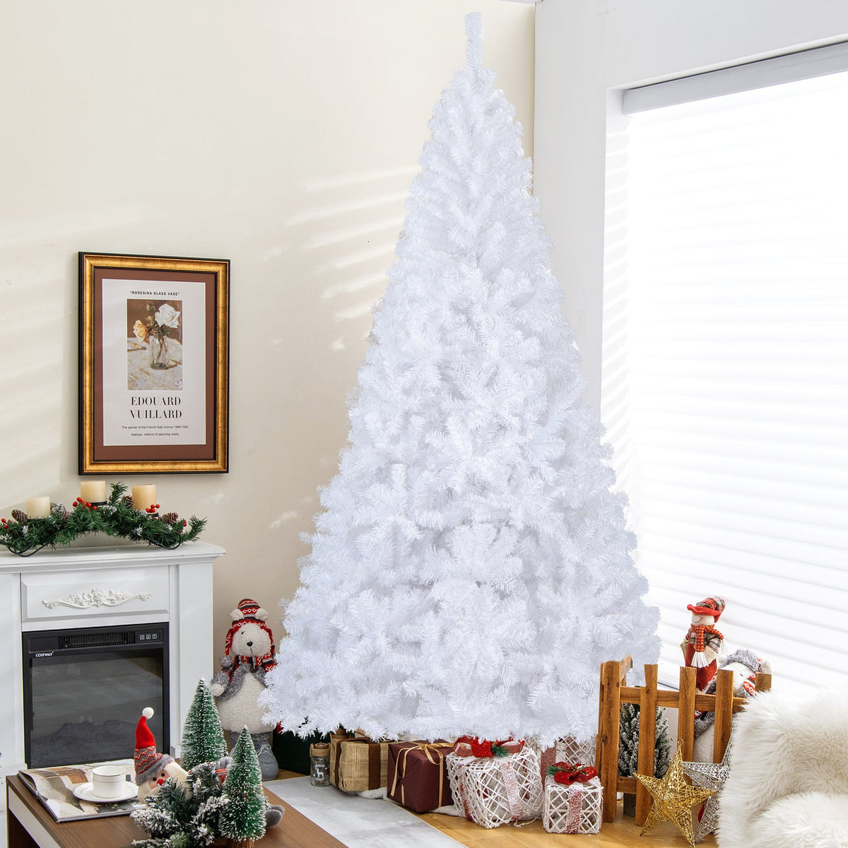 White artificial Christmas tree (8 ft) with dense fluffy tips and full conical shape
