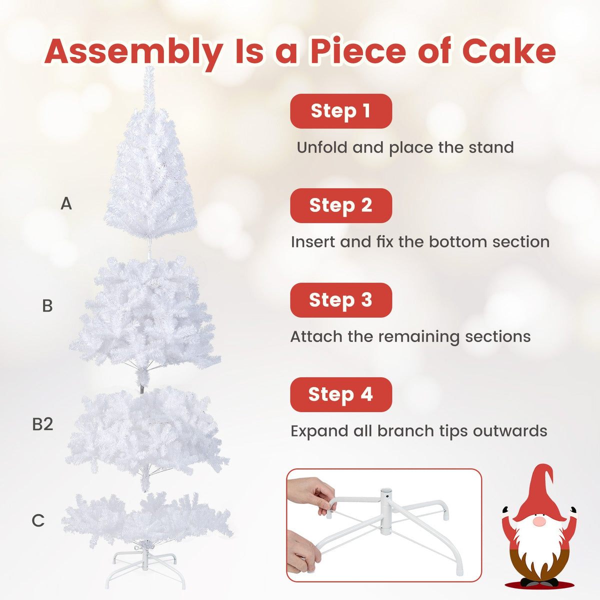 Assembly guide for white artificial Christmas tree stand with step illustrations