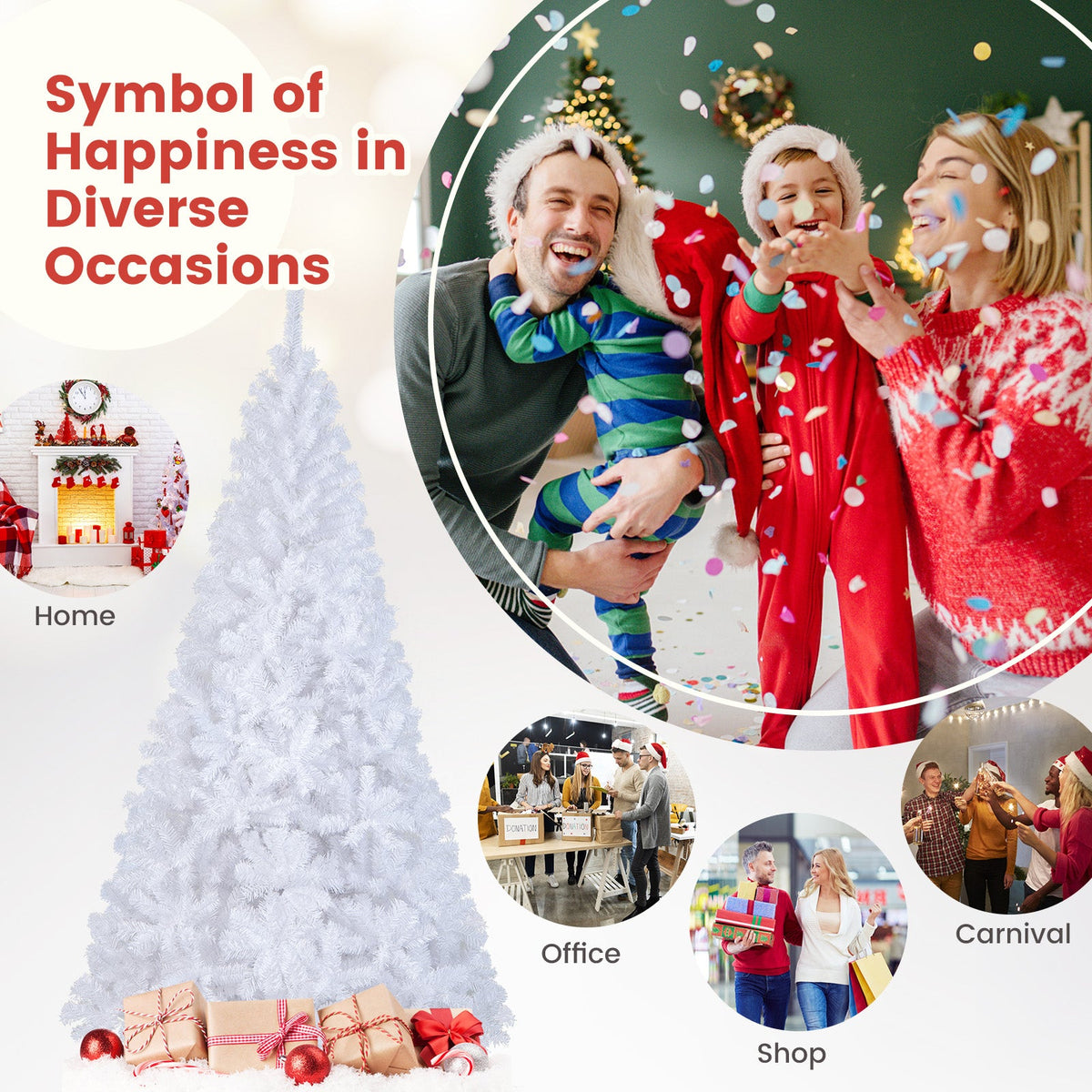 White artificial Christmas tree with blue ornaments, layered branches, and upright profile