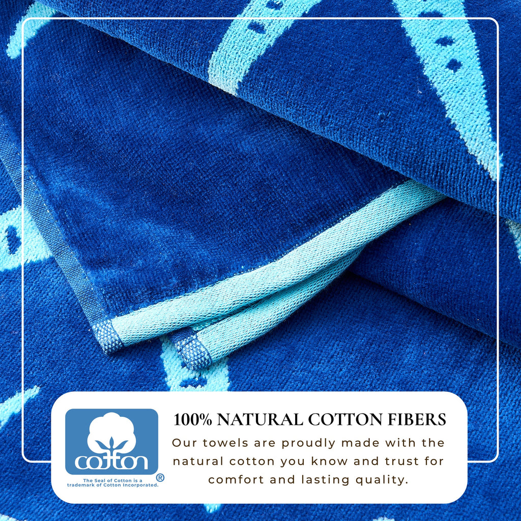 Blue cotton velour beach towel with light blue striped border detail