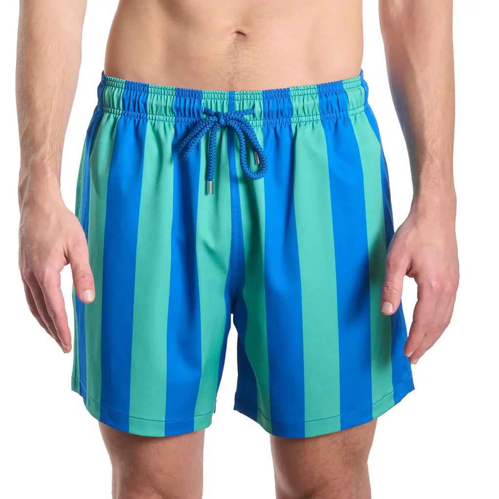 Blue and green striped swim trunks with elastic waistband and braided drawstring