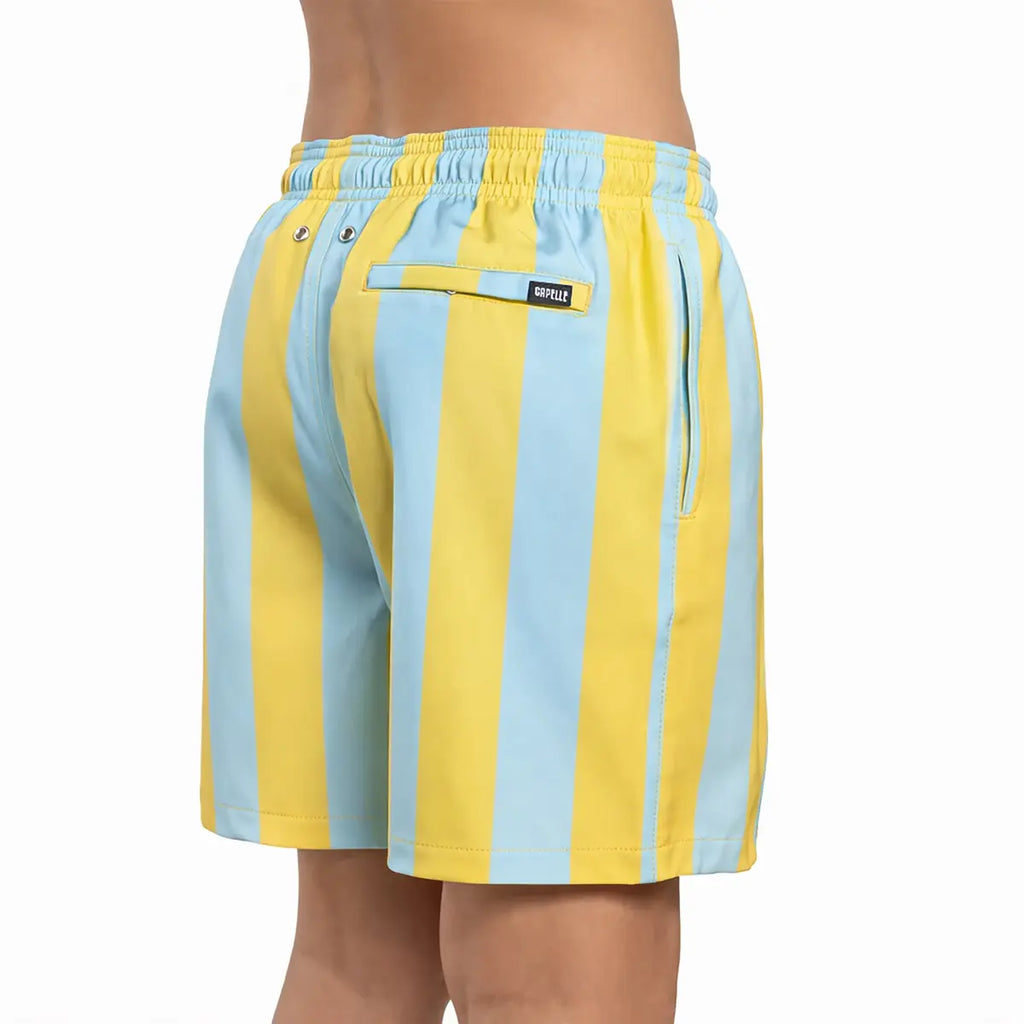 Boys swim shorts, light blue and yellow vertical stripes, elastic waist and back patch pocket