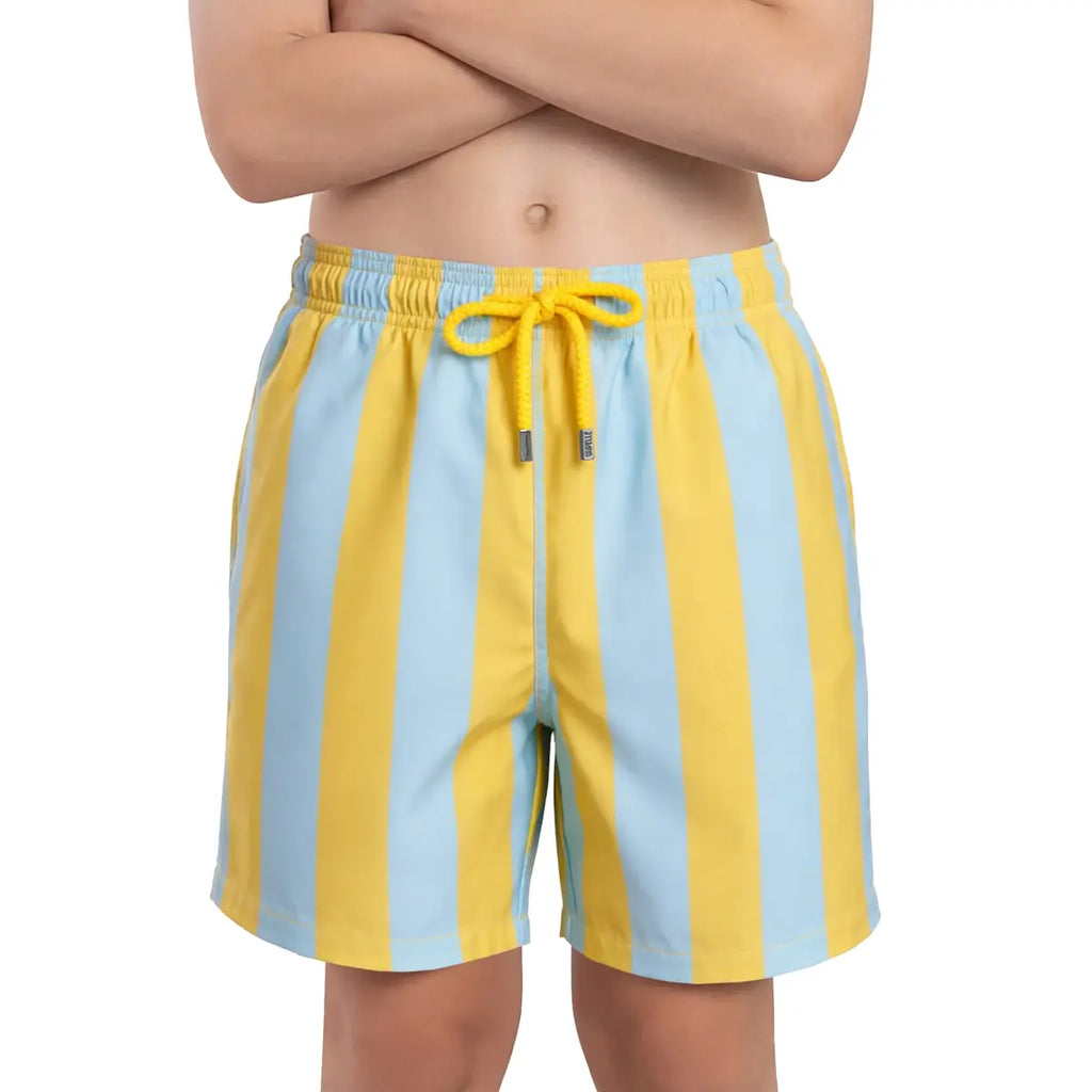 Boys striped swim shorts in light blue and yellow, front drawstring and side pockets