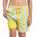 Boys swim and play shorts in light blue and yellow vertical stripes, drawstring waist