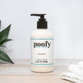 Coconut hand and body lotion bottle with pump, white bottle and teal label