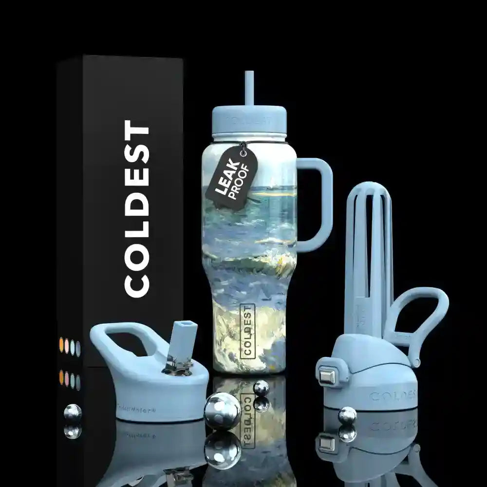 36oz insulated water bottle with light blue transparent water graphic, straw lid, and handle