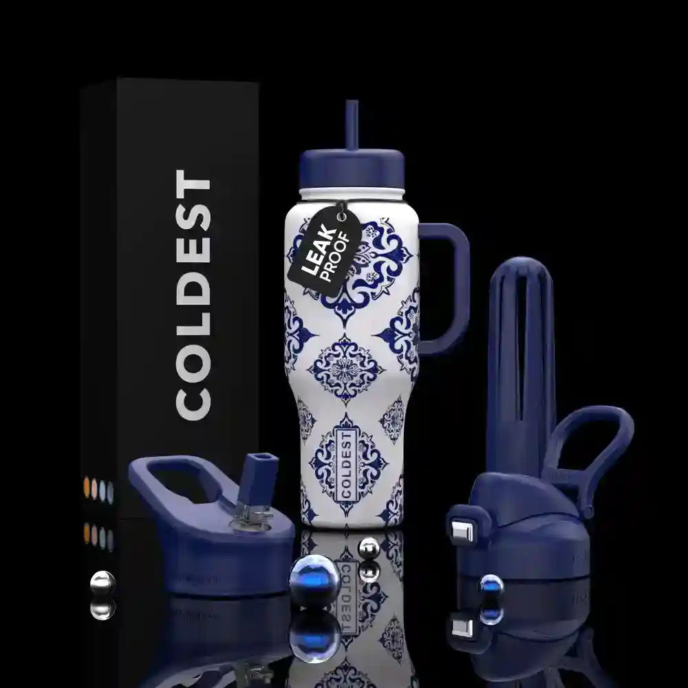 36oz insulated water bottle with navy straw lid and blue crest pattern