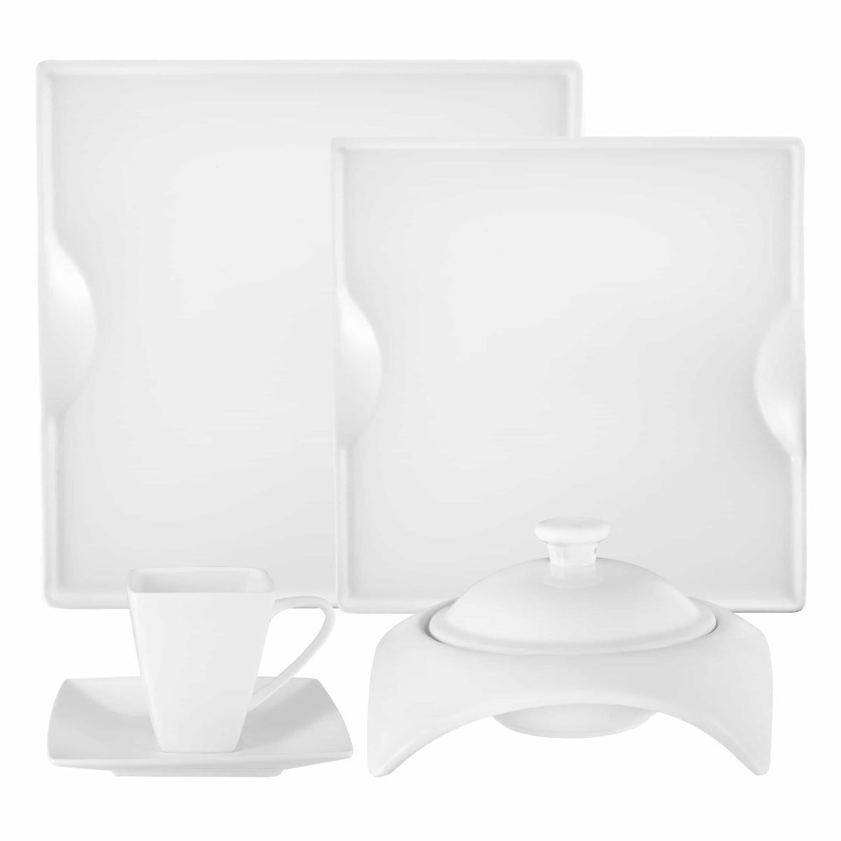 White square porcelain dinnerware pieces: two plates, cup, and lidded tureen