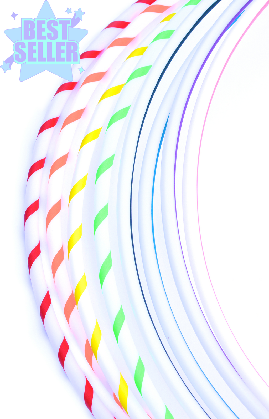 Set of beginner hula hoops with white tubing and rainbow spiral gaffer tape