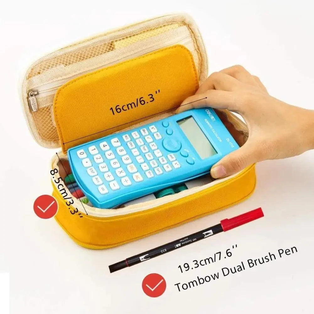 Yellow mesh pencil organizer pouch with zip opening and handle, holding pens and calculator.