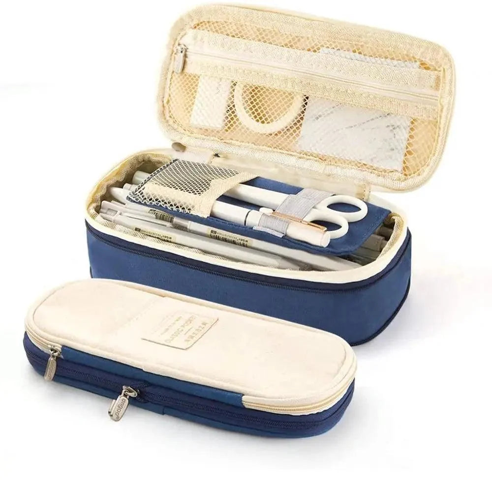 Navy pencil organizer pouch with beige zipper compartment and mesh window, open and folded sections.