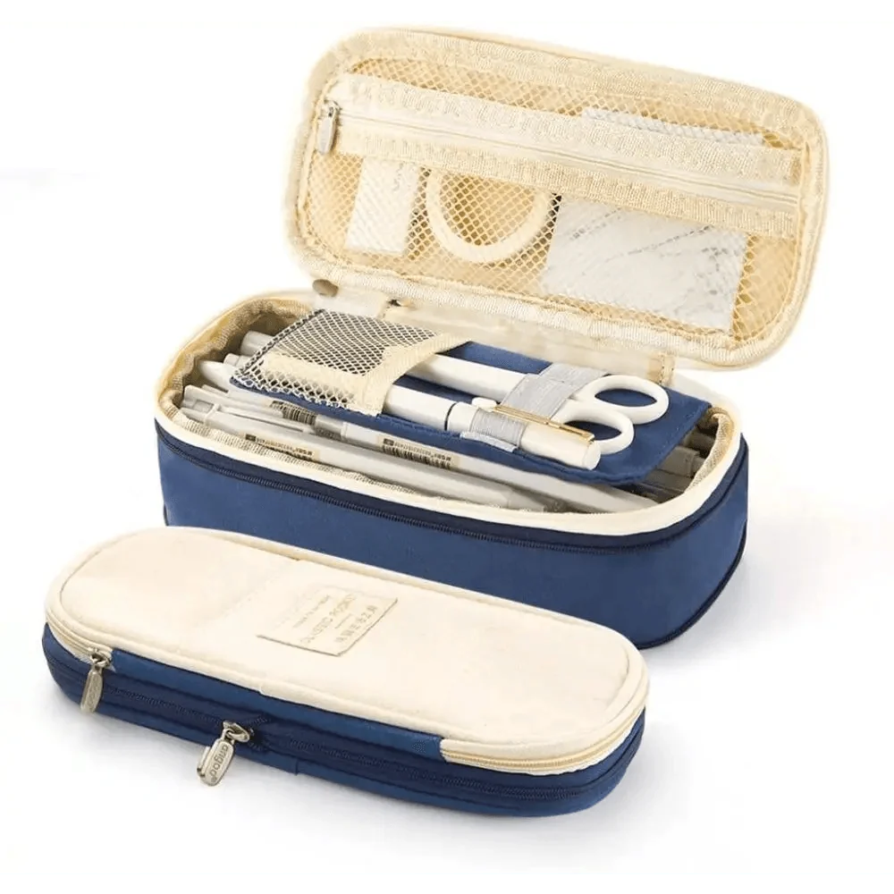 Navy and cream pencil organizer pouch with mesh top and fitted interior compartments.