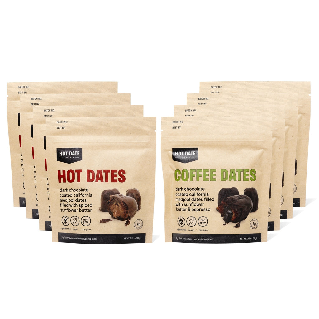 Snack gift set with multiple hot date and coffee date food pouches