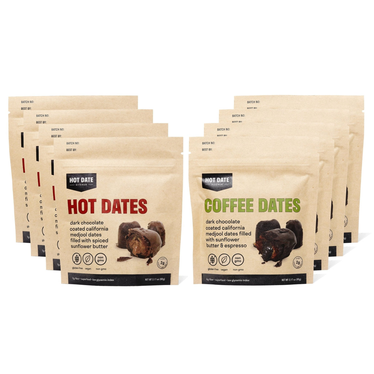Snack gift set with multiple hot date and coffee date food pouches
