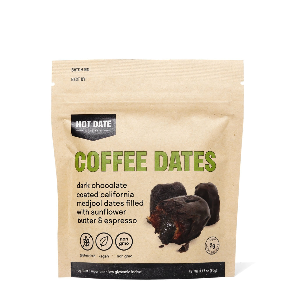 Coffee Dates snack pouch with dark chocolate coated medjool dates, front view